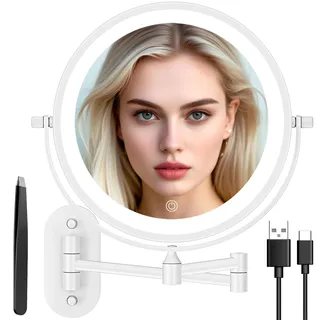Auxmir Kosmetikspiegel mit Beleuchtung, 1X/30X Wiederaufladbar Schminkspiegel, 3200mAh Rasierspiegel Wandmontage, Dimmbar Vergrößerungsspiegel mit 3 Lichtfarben, 360° Drehbar für Badezimmer