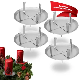 WIKAKERZEN Adventskerzenhalter 4er Set | Kerzenhalter ohne Dorn | Silber | stabil für LED & Wachskerzen | Kerzenstecker für Adventskranz für Ø 8 cm Kerze