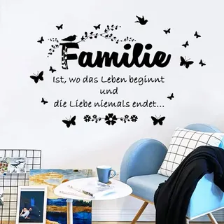 WandSticker4U®- XXL Wandtattoo FAMILIE IST + 31x SCHMETTERLINGE + BLUMENRANKE schwarz 100x62 cm I Wand Deko Selbstklebend Zitate Sprüche Leben Liebe für Wohnzimmer Schlafzimmer Küche Flur WC