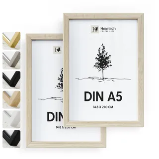 Heimlich® - Bilderrahmen - A5 14,8x21 cm, Eichenholz, 2er-Pack - Diplom-Poster-Collage-Rahmen mit Folienabdeckung - Zur Wandmontage oder Tischmontage