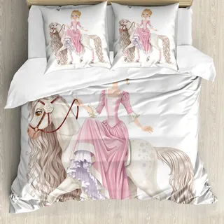 ABAKUHAUS Feminin Bettbezug, Prinzessin auf weißem Pferd, Milbensicher Allergiker geeignet mit Kissenbezügen, 200 cm x 200 cm - 80 x 80 cm, rosa Sahne - Rosa