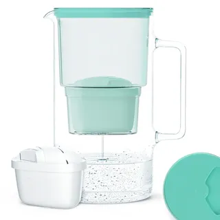 Wessper Wasserfilterkanne aus Glas 3 L Kompatibel mit Brita-Wasserfilterkartuschen, Inklusive 1 Wasserfilter-Kartusche, Reduziert Kalk und Chlor, Minze