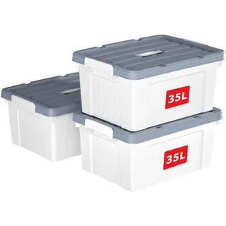 Cetomo 35L*3 Kunststoff-Aufbewahrungsbox Box mit haltbarem Deckel und Sicherheitsverschluss stapelbar und verschachtelbar 3-Packs Weiß