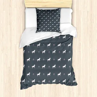ABAKUHAUS Pferde Bettbezug Set, Tiermuster Sublime Mustang Silhouette Wildlife Horseshoe Zusammenfassung, 135 x 200 cm + 80 x 80 cm, Lila grau Weiß Rosa - Lila, Grau, Weiß, Rosa