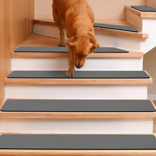 GOYLSER Treppenstufen Matten Stufenmatten Anti-Rutsch Treppenmatten,Treppenteppich Rechteckig Rutschschutz Stufenteppich Treppenvorleger für Kinder Haustiere Tiefes Grau(76x20cm/15 Stück)