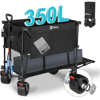 Sekey XXXXL Bollerwagen Faltbar 350L mit Extra Breite Reifen 17x10cm, Faltbarer Bollerwagen Strandwagen Transportwagen Zusammenfaltbar aus 4 Richtungen, 4XL-Doppel 4021, Schwarz