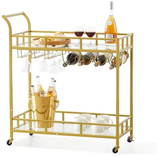 Vevor Servierwagen Barwagen Rollwagen 2 Ebenen, Weinwagen 55 kg Belastbar, Mobiler Getränkewagen, Verspiegelte Glasablagen 85,5 x 38 x 93 cm, für kleine Räume, Küche, Esszimmer, Bar, Goldfarben