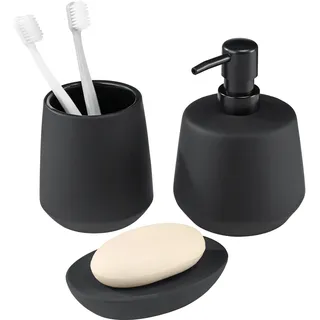 Navaris - Hochwertiges Keramik Badaccessoires Set - Schwarz - 3-teilig - Zahnputzbecher, Seifenablage, Spender - Badezimmer Zubehör