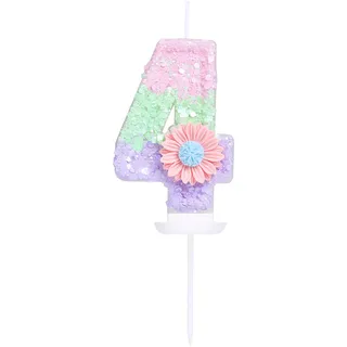 EAKE Geburtstagskerze mit Blume, Zahl 4, Candy Macaron, Glitzer, 4 Kerzen, Geburtstag, Mädchen, Frauen, süßes Thema, 4. Geburtstag, Hochzeit, Jahrestag, Party, Kuchendekoration, Dekoration