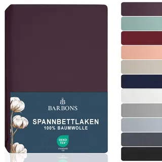 BARBONS Spannbettlaken 160x200cm - 100% Baumwolle Spannbetttuch Oeko-TEX Zertifiziert Bettlaken Jersey Bettwaren und Bettbezug für Boxspringbett und Dicke Matratzen bis 27 cm - Aubergine 160 x 200