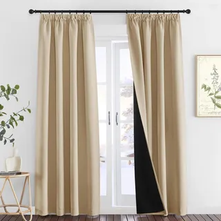 PONY DANCE Doppellagige Thermo Gardinen Isolierend Kälte und Wärme 2er Set H 245 x B 140 cm Biscotti, Lichtundurchlässige Gardine Beige Verdunkelungsvorhang mit Kräuselband für Schienensystem