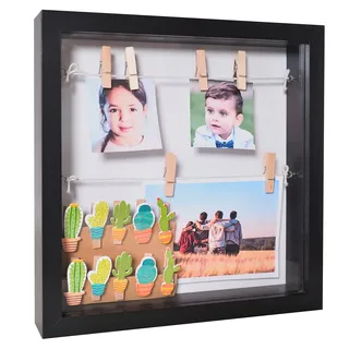 Gadgy 3D Bilderrahmen zum Befüllen 25x25cm | Objektrahmen Schwarz | Fotorahmen mit Klammern | Bilderrahmen Geldgeschenk | 3D Bilderrahmen Tief mit Glas | 3D Rahmen |Box für Geschenke