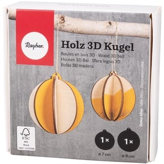 Rayher 3D-Kugeln Holz, Weihnachtskugeln Holz, FSC zertifiziert, natur, 2 Stück, 7 + 8 cm ø, mit Kordel, Set 8-tlg. Holzkugeln Hänger, 64521505, braun (brown)