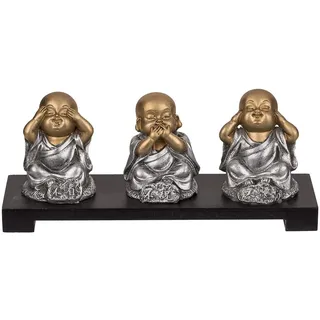 Out of the Blue Polyresin-Figuren auf Holzbank, Buddha (Nichts böses sehen, sprechen, hören) ca. 20 x 9 cm, 190131