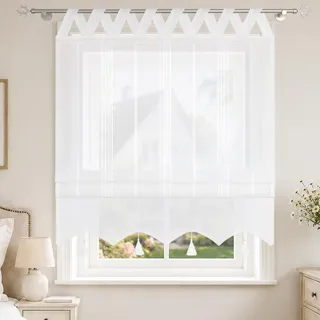 Joyswahl Leinenoptick Raffrollo mit V Schlaufen Catrin 140x140cm Weiß | Raffgardine, Längsstreifen, Farblich abgesetzte Blende, 1 Stück, Schlaufenrollo, Fensterrollo innen, Landhausstil