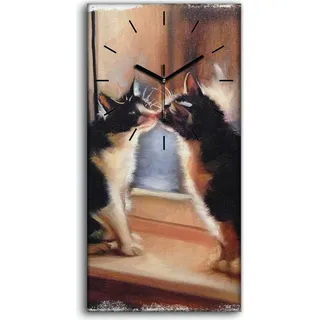 Wanduhr Leinwand Bild Uhr Kunstdruck 30x60 Haustiere Küssende Katzen Vintage - schwarze Hände - Braun