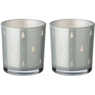 EDZARD 2er-Set Teelichtglas Tani (Höhe 8 cm, ø 7 cm), grau, Windlicht mit Tannen-Motiv