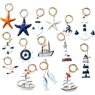 Maritime Deko Set 15 Stück Nautische Dekoration zum Aufhängen mit Seestern Boot Anker Leuchtturm Rettungsring Fisch Steuerrad Möwe für Badezimmer Strand Sommerdeko Fischernetz Deko Klein Wanddeko