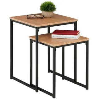 Relaxdays Beistelltisch 2er Set, stapelbar, Industrie Design, Satztisch 2 Größen, quadratisch, Metall, hellbraun/schwarz