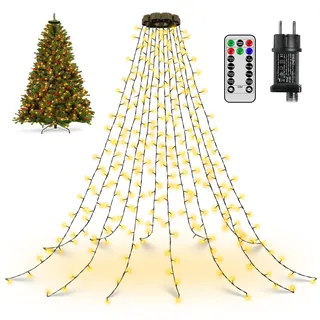 Ollny Lichterkette Weihnachtsbaum 2.5M, 300 LED Lichterkette außen innen 12 Stränge mit Ring Timer, 8 Modi wasserdicht Weihnachtsbeleuchtung außen für 150cm 180cm 240cm Baum(warmweiß)