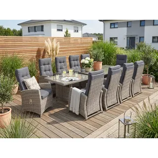 Garten-Essgruppe KONIFERA "Monaco", grau, Polyrattan, Sitzmöbel-Sets, Garten-Essgruppe, Rückenlehne verstellbar, Tischplatte aus 5mm starkem Sicherheitsglas