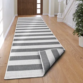 Läufer OTTO HOME "Alan Wendeteppich" Gr. 13, grau (grau, weiß), B:80cm H:5mm L:350cm, Kunstfaser, Teppiche, Läufer, Beidseitig nutzbar, Streifen, Scandi, wetterfest, für In- und Outdoor