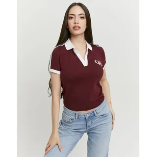 Poloshirt TALLY WEIJL "STSCOMITSKI", Damen, Gr. L, windsor wine, Jersey, Obermaterial: 97% Baumwolle, 3% Elasthan, bedruckt, figurbetont taillenlang, V-Ausschnitt, Shirts Poloshirt, Baumwollmischung, Poloshirt, verkürzt geschnitten