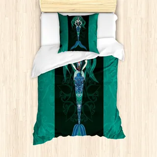 ABAKUHAUS Meerjungfrau Mantele, Hand Drawn Mermaid, Milbensicher Allergiker geeignet mit Kissenbezügen, 135 cm x 200 cm - 80 x 80 cm, Violet Blue Jade-Grün