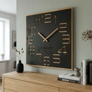 Flexistyle Wanduhr 60 cm Holz Digits ECO quadratisch schwarz