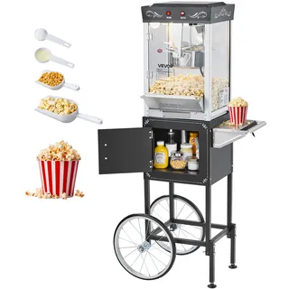 Vevor Popcornmaschine Popcornautomat mit Kessel & Wagen, 800 W kommerzieller Popcornmaker, 48 Tassen pro Ladung, mit 2-Tasten-Bedienung, Glaswand, PC-Tür, 1 Portionierer, 3 Löffel, Schwarz