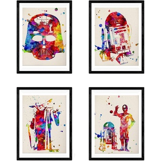 Nacnic Set mit 4 Star Wars Postern | Bilder mit Illustrationen aus dem Film Star Wars | Darth Vader, Yoda, R2-D2 und C3PO | A3 Größe