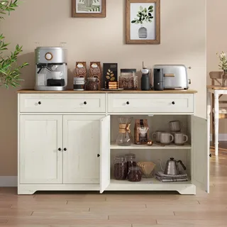 VASAGLE Aufbewahrungsschrank, 2 Schubladen, 4 Türen, verstellbare Ablagen | Küchenschrank im Landhausstil, Sideboard, Kaffeebar, 40 x 140 x 80 cm, vintageweiß, SIREN Kollektion LSC541WJ01