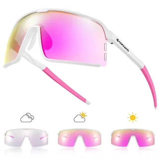 Odoland Photochromatische Selbsttönend Fahrradbrille Sportsonnenbrille Herren Damen, Sportbrillen UV 400 Schutz Radsport Brillen für Outdoor Schnelle Radfahren Laufen Rosa