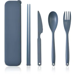Groß Besteck Set, 1 Person Camping Besteck mit Koffer, Kunststoff Reisebesteck Löffel Messer Gabel Essstäbchen Etui, Tragbares dunkles Utensilien Set für Erwachsene Outdoor(Dunkelblau)