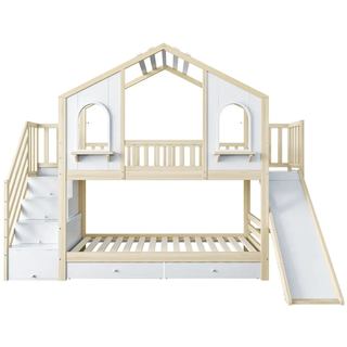 Merax Kinder-Etagenbett 90x200cm Hausdesign Rutsche Holzfarbe