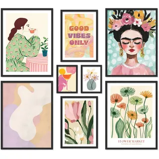 ARTFAVES® Poster Set - ABSTRACT ART GALERIE - mehrteilige Wanddeko Wohnzimmer & Schlafzimmer - 8 moderne Wandbilder abstrakt, pastell, sommer, frühling, kunst, frida kahlo - mit Rahmen Schwarz