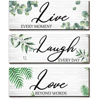 Holzschild "Live Laugh Love", Eukalyptusblätter, Wandschild, Bauernhaus, botanisches Blattschild, grüne Pflanzen, hängende Holztafel, Familienzitate, rustikale Hauswanddekoration für Zuhause,