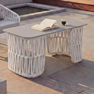 Loungetisch HWC-P90, Gartentisch Balkontisch Outdoor, Seilgeflecht Rope Sinterstein 43x90x45cm hellgrau, Platte grau - Grau