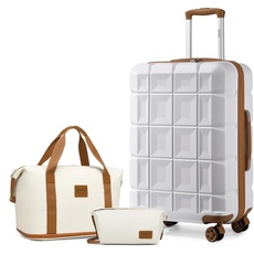 KONO Koffersets ABS Hartschale Reisegepäck mit Reisetasche und Kulturbeutel Leichter Kabinenkoffer mit TSA-Schloss, Weiß/Braun, 20 inch Luggage Set, Leichte ABS-Hartschalen-Handgepäck-Sets