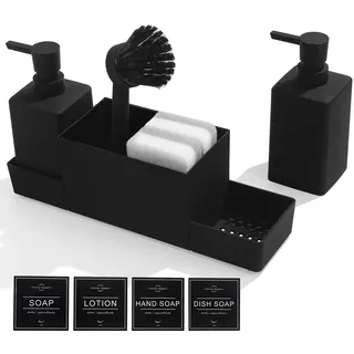 Spüli und Seifenspender Küche Set mit Schwammhalter Bürste, Spülmittelspender Küche Schwarz, Seifen und Spülmittelspender Set Küchengadget Spülbecken Organizer mit Seifenspender (Schwarz, 4 in1)