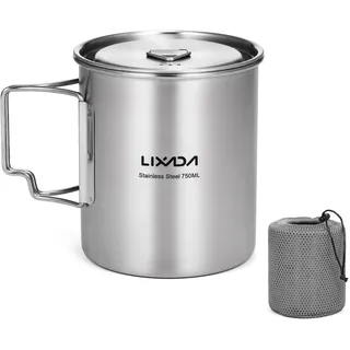 Lixada Camping Topf Edelstahl Tasse Becher 750ml mit Faltbaren Griffe und Deckel Outdoor Kochtopf für Camping Wandern Kochen Picknick