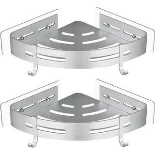 GRICOL Duschablage ohne Bohren Duschregal Metall Duschkorb mit 4 Haken Eckregal Ecke Badregal Bad Organizer Badezimmer Regal Rostfrei für Dusche 2 Etagen Silber