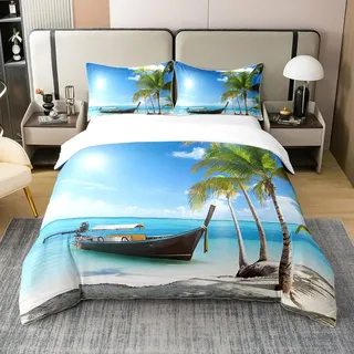 100% Baumwolle Ozean Tröster Abdeckung 135x200,Hawaii Strand Dekor Bettwäsche Set für Kinder Erwachsene,Tropische Plam Baum Bettbezug Sommer Bettwäsche,Retro Segelboot Quilt Cover mit 1 Kissenbezug