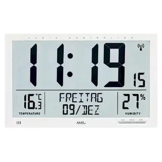 AMS 5887 Wanduhr Tischuhr Funk Funkwanduhr digital weiß Datum Thermometer Wecker - Weiß