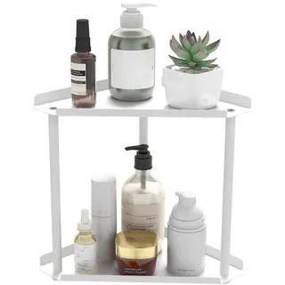 Jesginboo 2 Etagen Eckregal Badezimmer Stehend,Platz Sparen Edelstahl Eckregal Klein Duschregal Stehend,Make-Up Organizer Schmal,Deko Schminkaufbewahrungen Weiß