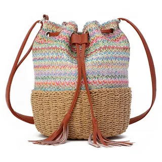 SUKUTU Stroh Eimer Tasche für Frauen Bunt Sommer gewebt Strand Tasche Handtasche für Urlaub Hobo Umhängetasche Handtasche Strand Tragetasche