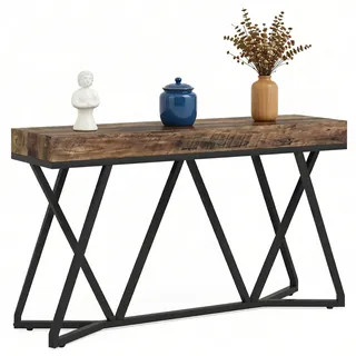 LITTLE TREE Konsolentisch mit Metallgestell, 140 cm Sofatisch im Industrial Landhausstil, Hoher Eintrittstisch für Flur & Wohnzimmer, Rustikale Holzoptik, Stabile Konstruktion, Rustikales Braun