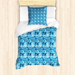 ABAKUHAUS Sea Shells Mantele, Seesterne und Jakobsmuschel, Milbensicher Allergiker geeignet mit Kissenbezügen, 135 cm x 200 cm - 80 x 80 cm, Blau Dunkelblau Weiß - Blau