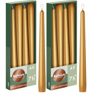 Bolsius Glatte Spitzkerzen - Metallic Gold - Set 4 Stück im Karton - 24,5 cm - Dekorative Haushaltkerzen - Brenndauer 7 Stunden - Unparfümierte - Natürliches Pflanzenwachs - Ohne Palmöl