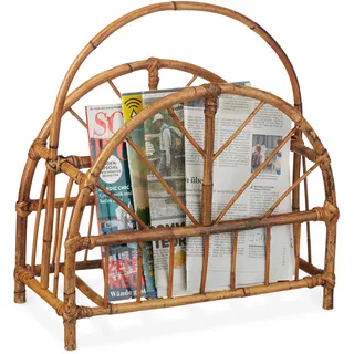 Relaxdays Zeitungsständer Rattan, runde Zeitungsablage, Zeitschriftenhalter, HxBxT: 47 x 43,5 x 20,5 cm, Holz, Natur